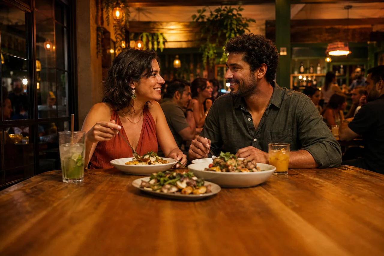 Casal compartilhando uma refeição em um restaurante acolhedor e movimentado